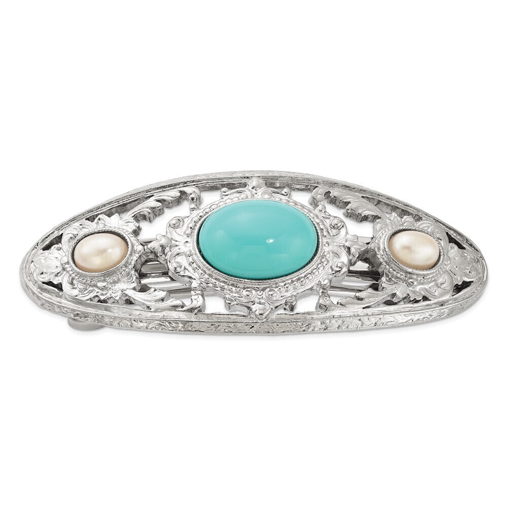 1928 Ornate Imitation Pearl and Turquoise Acrylic Stone Hair Barrette